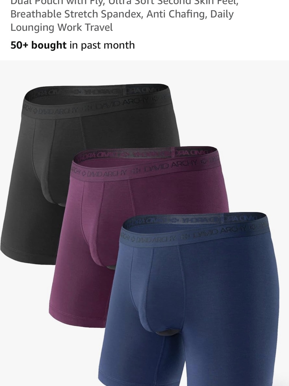 David Archy 3-Pack Stretch Boxer Briefs - Black, Purple, Navy